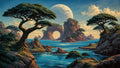 GRID THUMBNAIL — Retro fantasy seascape with rocky islands and a natural stone arch, windswept trees, shimmering blue water, and a colossal cratered moon under golden light.