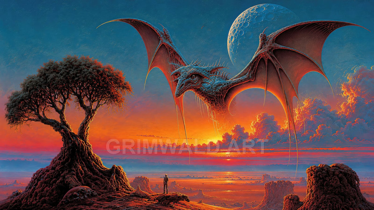 A bat-winged dragon glides over a surreal rocky valley at blazing sunset, a cratered moon looming as a lone figure watches beneath a gnarled tree.