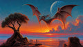 GRID THUMBNAIL — A bat-winged dragon glides over a surreal rocky valley at blazing sunset, a cratered moon looming as a lone figure watches beneath a gnarled tree.