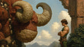 GRID THUMBNAIL — A hulking, horned beast confronts a muscular adventurer beside a carved stone archway, with rolling clouds and blue mountains beyond.