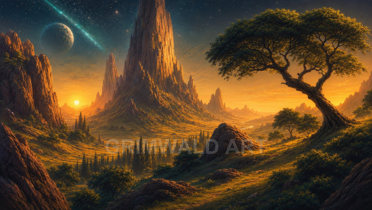 Golden sunset over fantastical mountain spires and winding river, with arched tree in the foreground and a distant planet and comet beneath a starry sky.