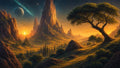 GRID THUMBNAIL — Golden sunset over fantastical mountain spires and winding river, with arched tree in the foreground and a distant planet and comet beneath a starry sky.