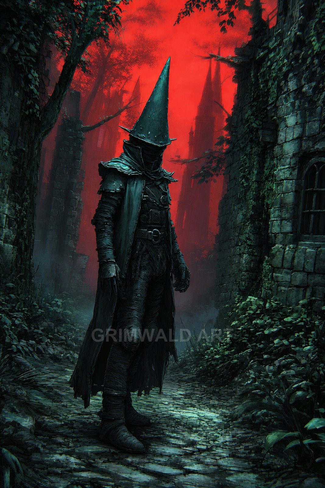 A cloaked figure with a tall conical hat stands on a cobblestone path between overgrown stone ruins beneath a blood-red twilight sky.