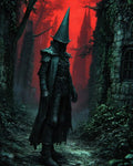 GRID THUMBNAIL — A cloaked figure with a tall conical hat stands on a cobblestone path between overgrown stone ruins beneath a blood-red twilight sky.