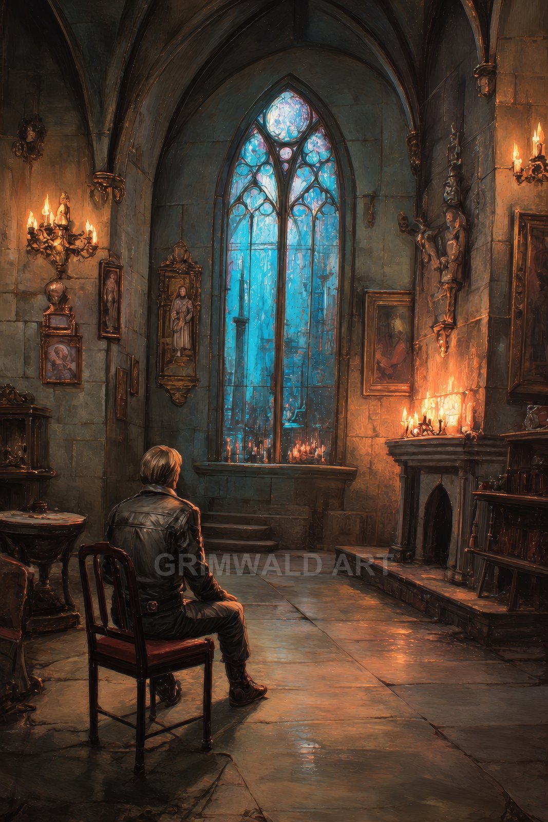 A lone man in a leather jacket sits in a gothic cathedral, facing blue stained-glass as candles and a fireplace cast warm light.