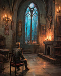 GRID THUMBNAIL — A lone man in a leather jacket sits in a gothic cathedral, facing blue stained-glass as candles and a fireplace cast warm light.