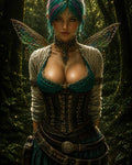 GRID THUMBNAIL — A teal-haired fairy with jewelled filigree wings stands in a sunlit forest, wearing a corset, layered belts, necklace, and sheathed dagger.
