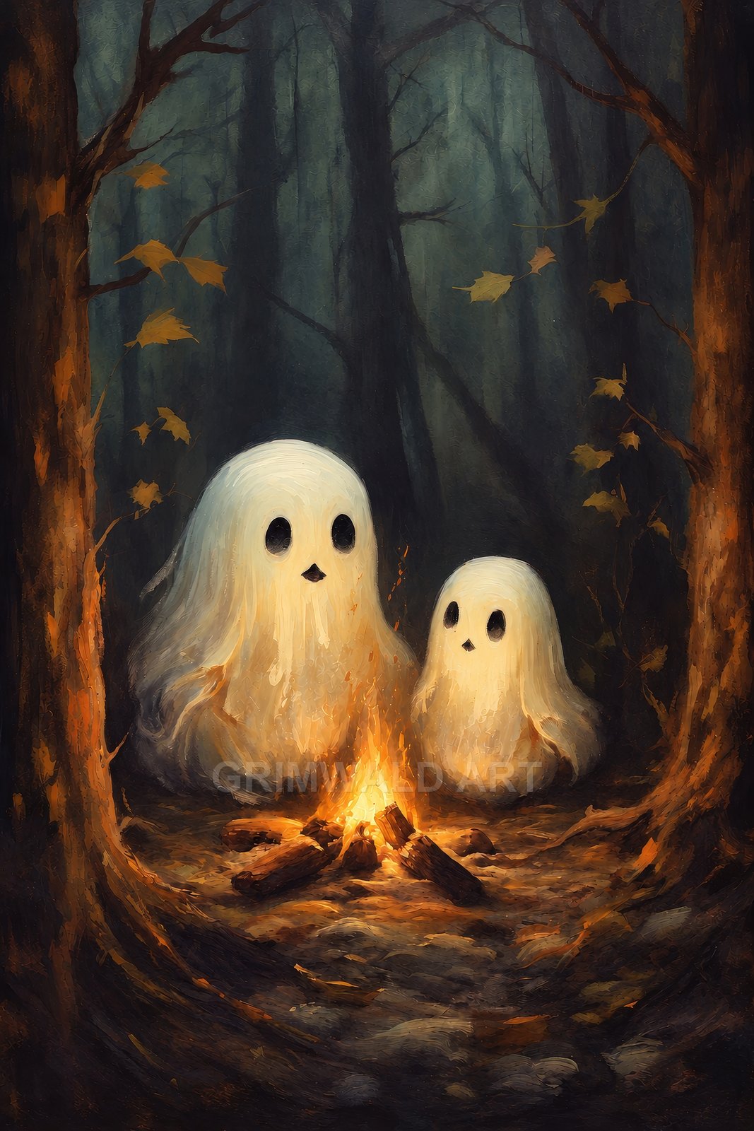 Two small ghostly figures sit beside a crackling campfire in a dark, misty forest, warm orange light illuminating their rounded shapes.