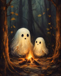 GRID THUMBNAIL — Two small ghostly figures sit beside a crackling campfire in a dark, misty forest, warm orange light illuminating their rounded shapes.