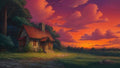 GRID THUMBNAIL — Stone cottage with red roof by a forest edge, warm lit windows, cobbled path and grassy meadow beneath a vivid orange sunset sky with billowing clouds.