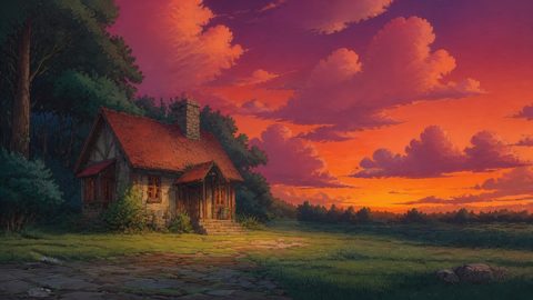 GRID THUMBNAIL — Stone cottage with red roof by a forest edge, warm lit windows, cobbled path and grassy meadow beneath a vivid orange sunset sky with billowing clouds.