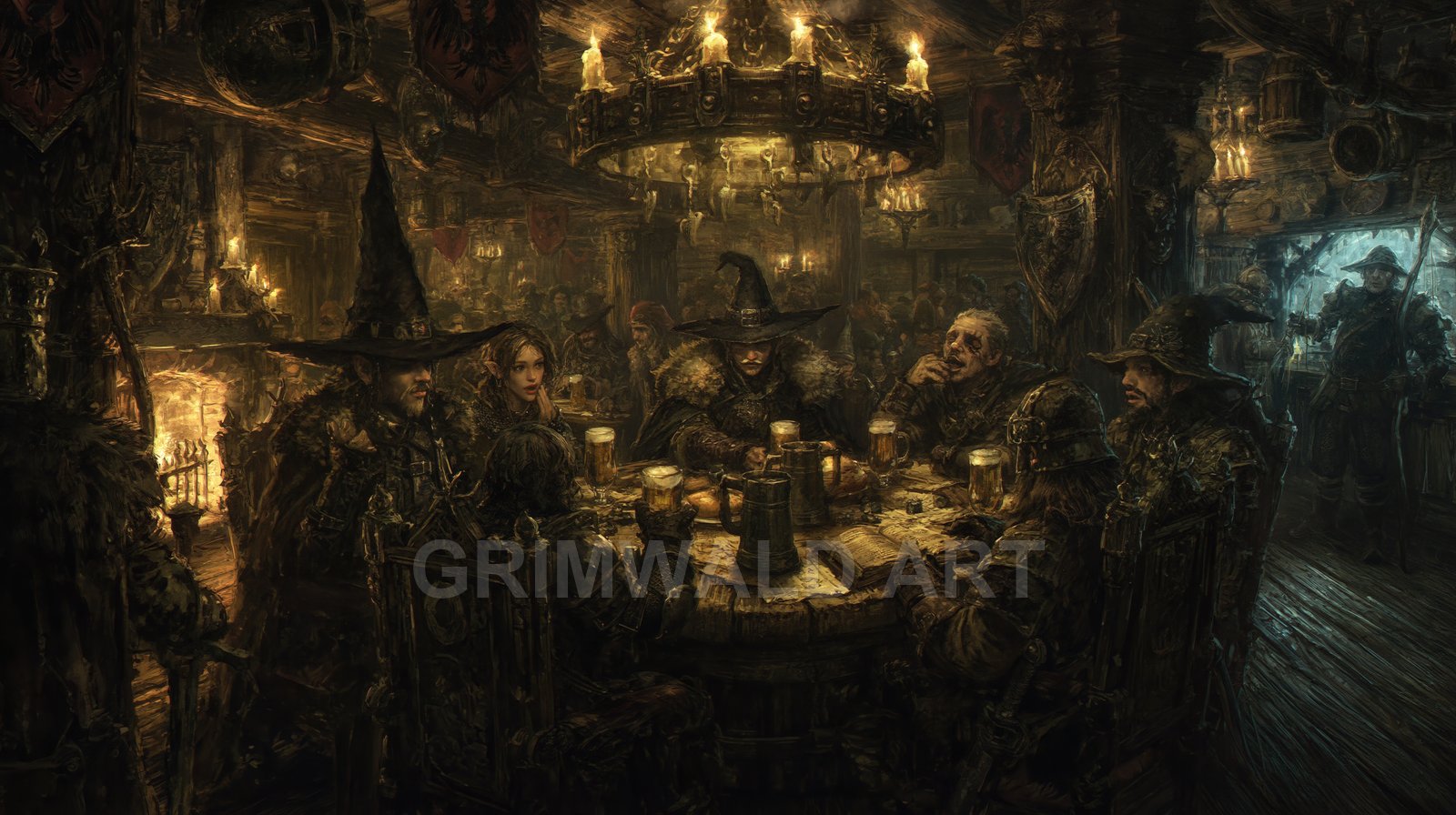 Crowded medieval tavern interior with adventurers around a round table, beer mugs and candles glowing, fireplace and hanging chandelier in dark rustic wood.