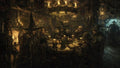 GRID THUMBNAIL — Crowded medieval tavern interior with adventurers around a round table, beer mugs and candles glowing, fireplace and hanging chandelier in dark rustic wood.