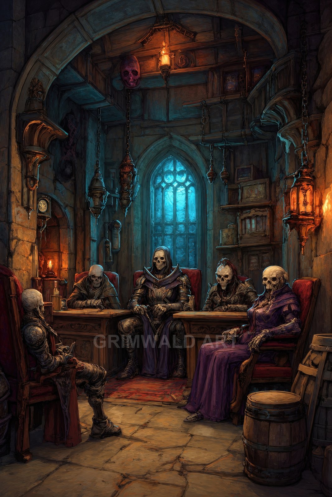 A council of skeletal liches sits around wooden desks in a gothic chamber, lit by candles and lanterns, with a moonlit arched window.