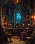 GRID THUMBNAIL — A council of skeletal liches sits around wooden desks in a gothic chamber, lit by candles and lanterns, with a moonlit arched window.