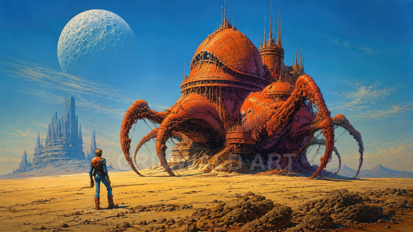 A lone explorer stands on a desert plain before a colossal red, tentacled mechanical citadel, with a cratered moon and distant spired city.