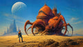 GRID THUMBNAIL — A lone explorer stands on a desert plain before a colossal red, tentacled mechanical citadel, with a cratered moon and distant spired city.