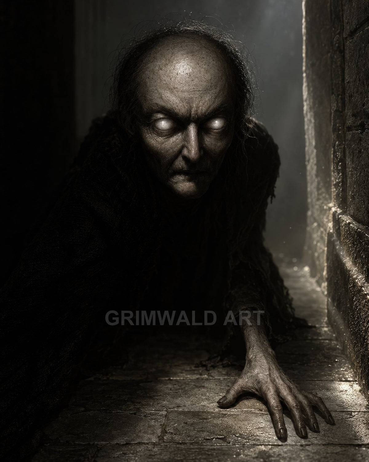 Gaunt undead figure with milky white eyes crawling along a narrow stone corridor, one clawed hand stretched forward under dim, moody light.