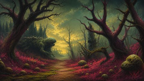 GRID THUMBNAIL — Twisted forest with crimson undergrowth and bulbous fungi, a mossy creature lurking beside a path to distant gothic spires under stormy yellow sky.