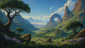 GRID THUMBNAIL — Sweeping fantasy valley with winding river, ring-shaped mountain arch, rugged peaks, twisted trees and wildflowers under a bright sky with crescent moon.