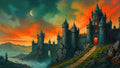 GRID THUMBNAIL — Cliffside castle with glowing windows at sunset, crescent moon above, misty coastal mountains and a winding stone path leading to the open gate.