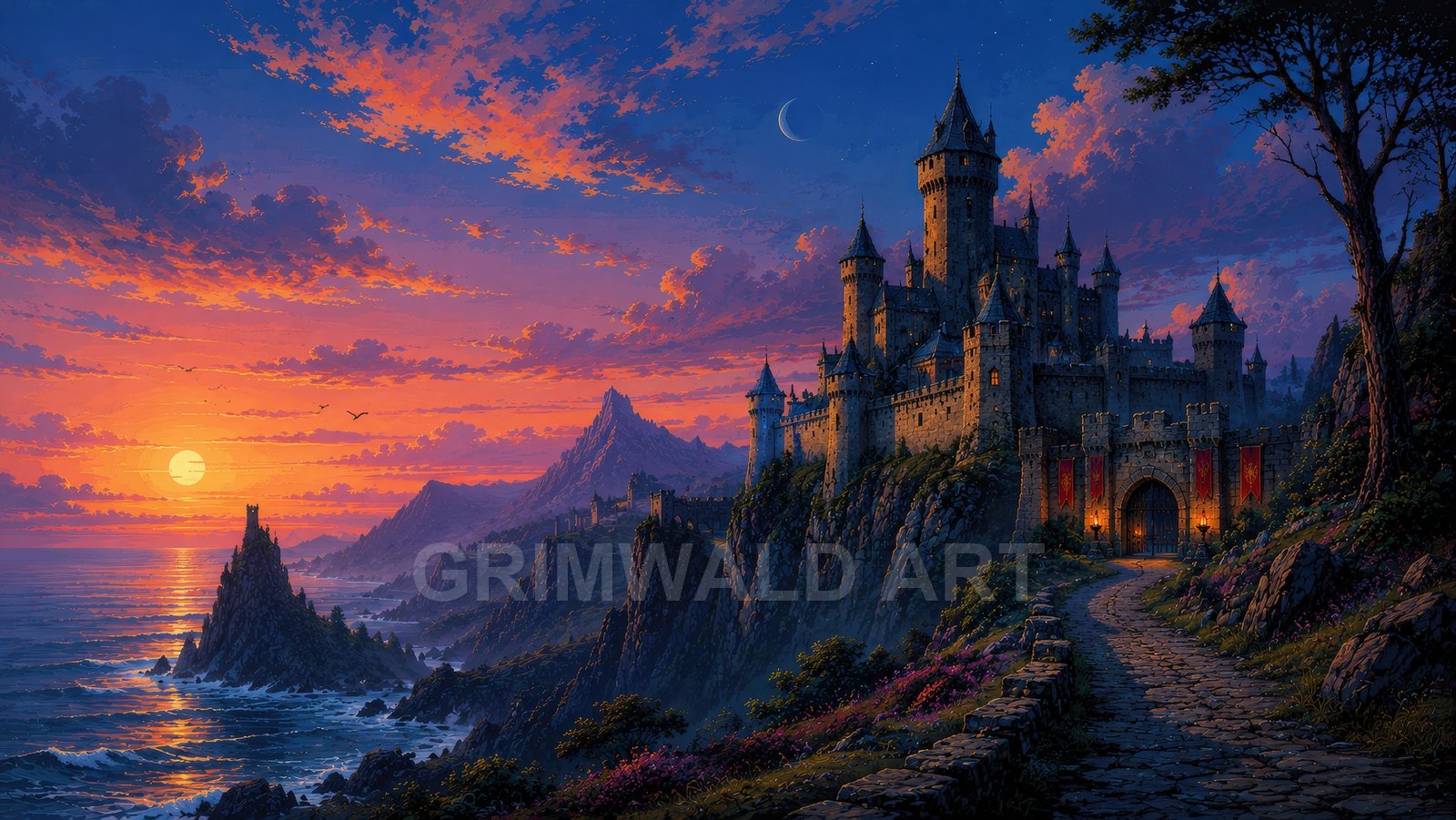 Grand stone castle on a cliff above a glowing sunset sea, with winding cobblestone path, distant mountains, sea stack tower and a crescent moon overhead.