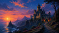 GRID THUMBNAIL — Grand stone castle on a cliff above a glowing sunset sea, with winding cobblestone path, distant mountains, sea stack tower and a crescent moon overhead.