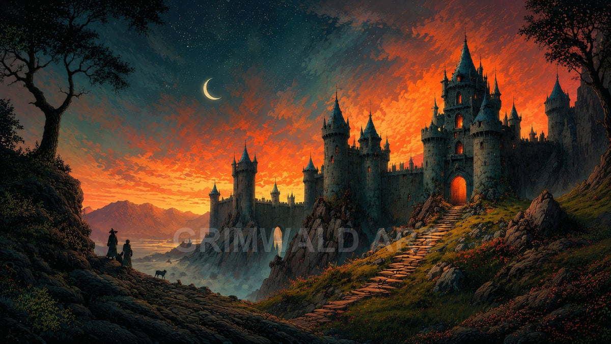 Moonlit castle with glowing windows on rocky cliffs at sunset, stone path ascending hillside, two travellers and a dog silhouetted beneath a crescent sky.