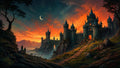 GRID THUMBNAIL — Moonlit castle with glowing windows on rocky cliffs at sunset, stone path ascending hillside, two travellers and a dog silhouetted beneath a crescent sky.