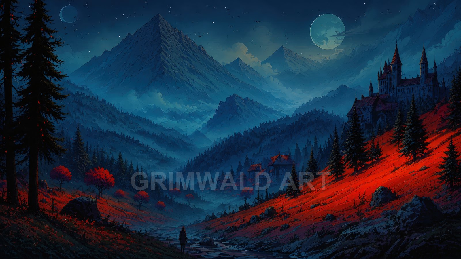 Moonlit mountain valley with red-tinged hills, tall pines, a winding stream, distant village and a castle under a crescent moon and starry sky.