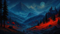 GRID THUMBNAIL — Moonlit mountain valley with red-tinged hills, tall pines, a winding stream, distant village and a castle under a crescent moon and starry sky.