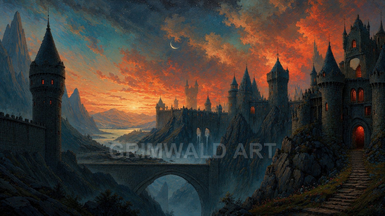 Vast stone castle spans jagged mountains at sunset, with glowing windows, arched bridge, misty waterfalls, and a crescent moon above.