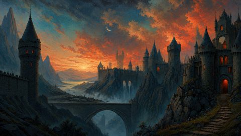 GRID THUMBNAIL — Vast stone castle spans jagged mountains at sunset, with glowing windows, arched bridge, misty waterfalls, and a crescent moon above.