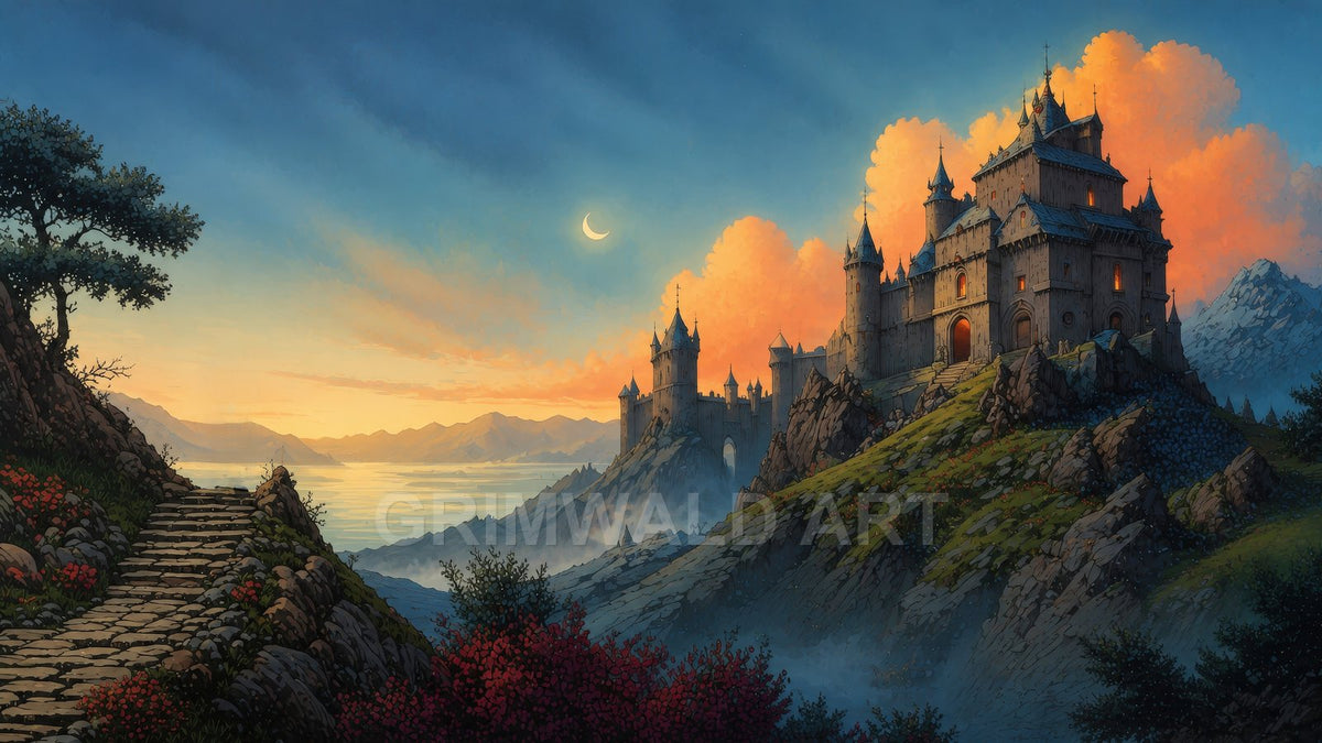 A grand stone castle crowns a rocky seaside ridge at twilight, warm windows glowing beneath a crescent moon, with misty mountains and a stone path.