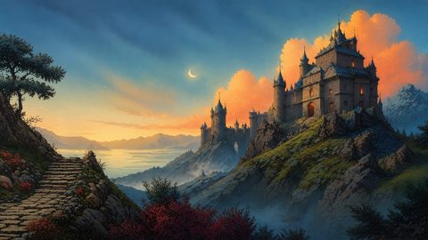 GRID THUMBNAIL — A grand stone castle crowns a rocky seaside ridge at twilight, warm windows glowing beneath a crescent moon, with misty mountains and a stone path.
