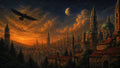 GRID THUMBNAIL — Enormous bird glides above a sprawling fantasy city of domes and spires at twilight, under a crescent moon and star-filled sky.