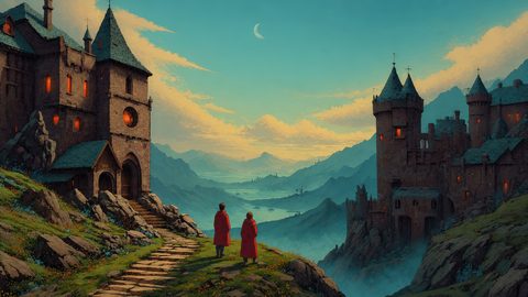 GRID THUMBNAIL — Wide fantasy valley at twilight with twin stone castles, winding path, glowing windows and a crescent moon above blue-green mountains and lakes.