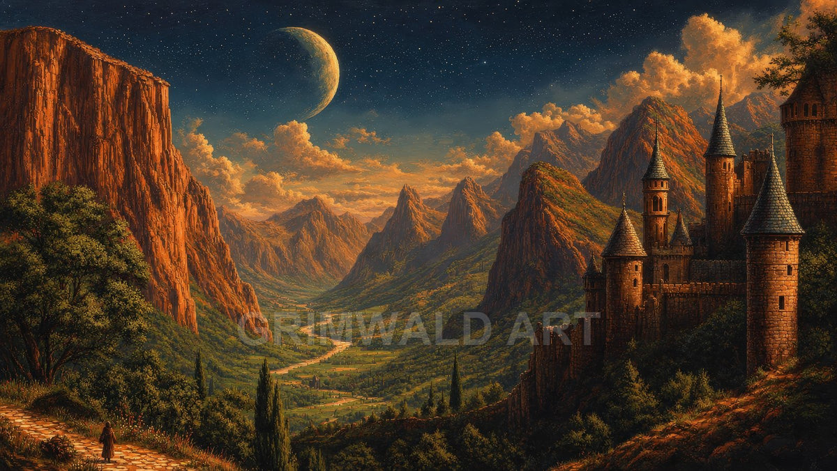 Crescent Vale Citadel – Retro Fantasy Landscape Art