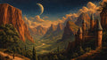 GRID THUMBNAIL — Beneath a starlit sky and crescent moon, a turreted stone castle overlooks a winding river between copper mountains; a cloaked figure walks the hillside path.