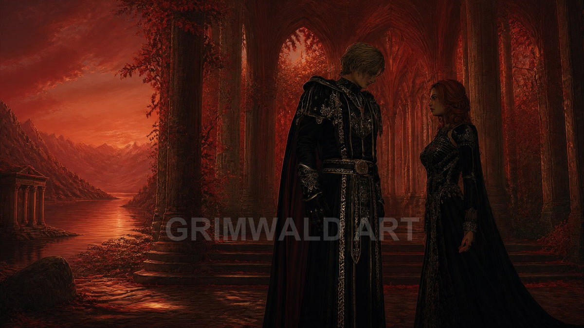 Gothic stone colonnade opens to a red sunset over a mountain lake, with two ornate robed figures standing in shadowed foreground.