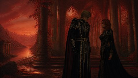 GRID THUMBNAIL — Gothic stone colonnade opens to a red sunset over a mountain lake, with two ornate robed figures standing in shadowed foreground.