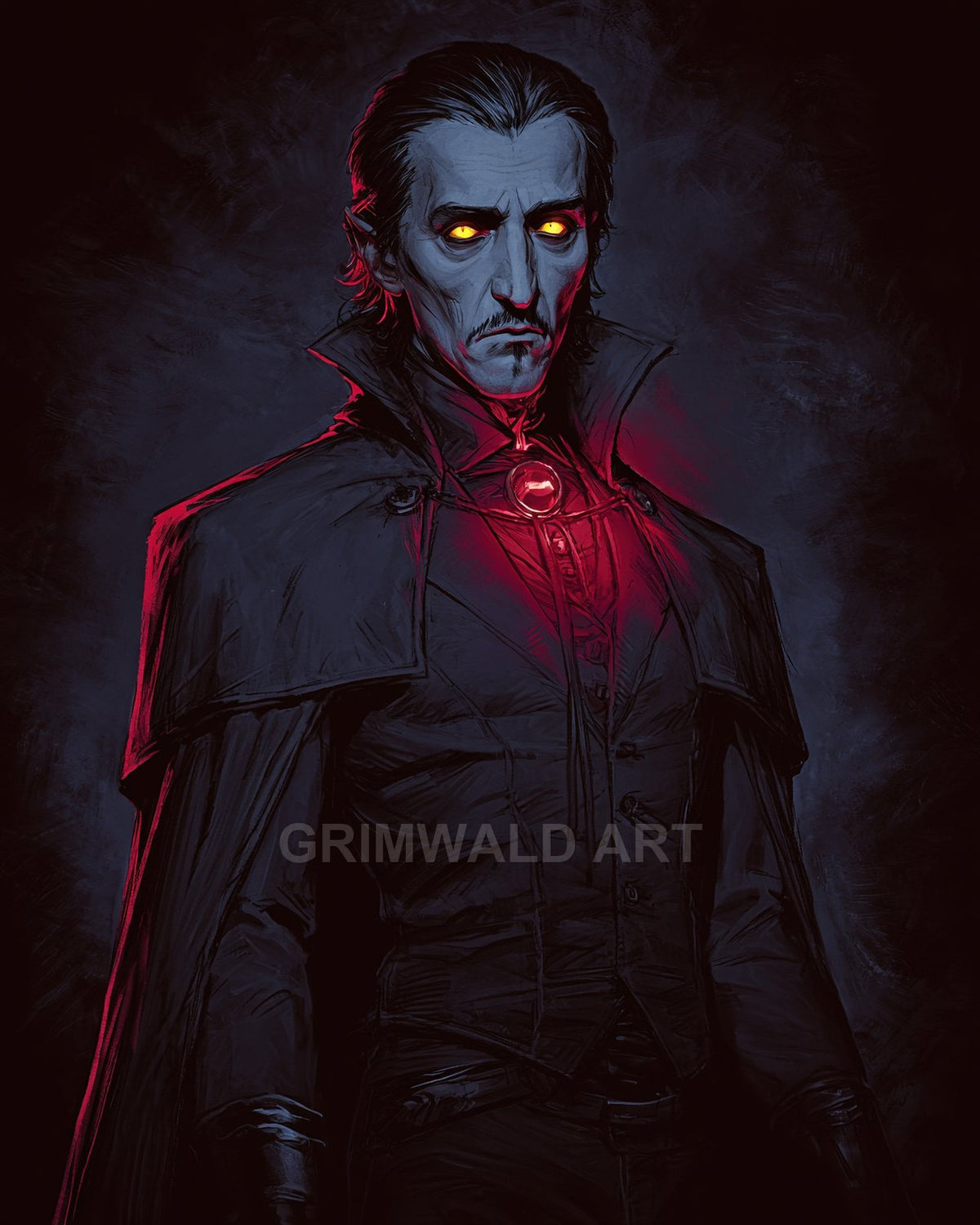 Pale male vampire with glowing yellow eyes and a red-lit amulet, wearing a high-collared black cloak against a dark, textured background.