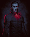 GRID THUMBNAIL — Pale male vampire with glowing yellow eyes and a red-lit amulet, wearing a high-collared black cloak against a dark, textured background.