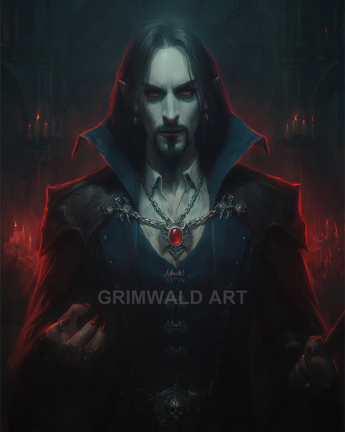 A pale male vampire noble with red glowing eyes and fangs stands in a shadowed castle hall, crimson amulet and candles burning.