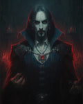 GRID THUMBNAIL — A pale male vampire noble with red glowing eyes and fangs stands in a shadowed castle hall, crimson amulet and candles burning.