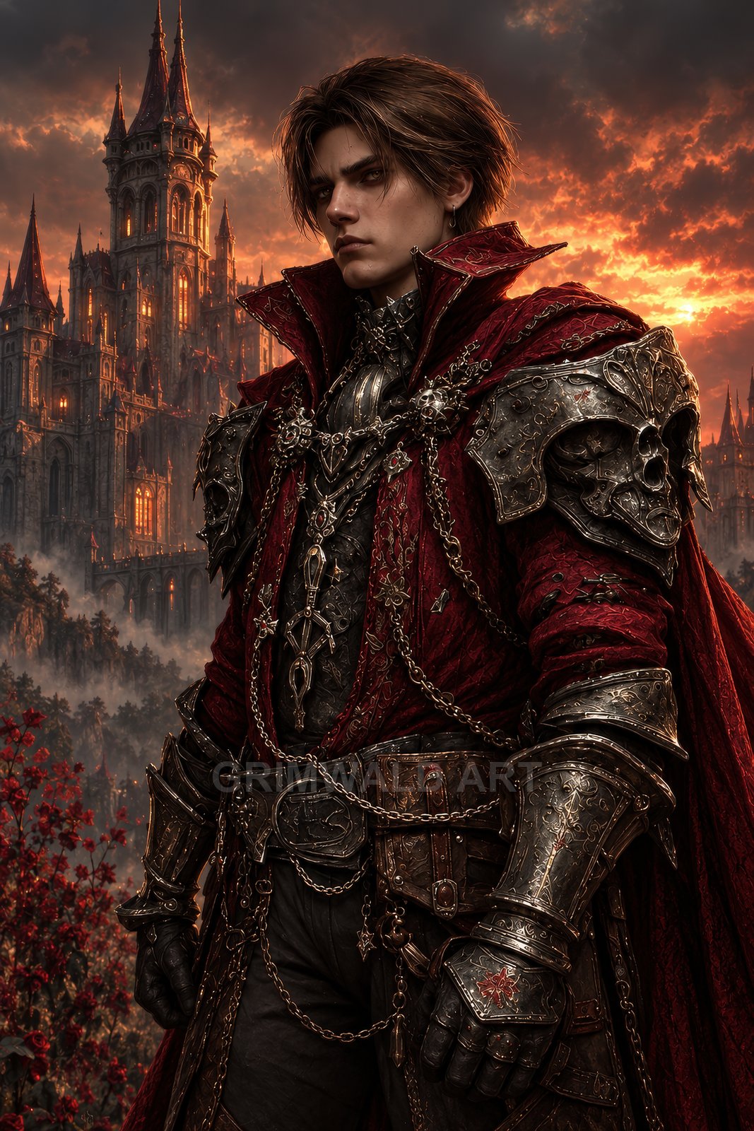 Armoured male noble in a crimson cloak with skull-detailed pauldrons stands before a towering gothic castle at sunset under dramatic clouds.