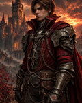 GRID THUMBNAIL — Armoured male noble in a crimson cloak with skull-detailed pauldrons stands before a towering gothic castle at sunset under dramatic clouds.