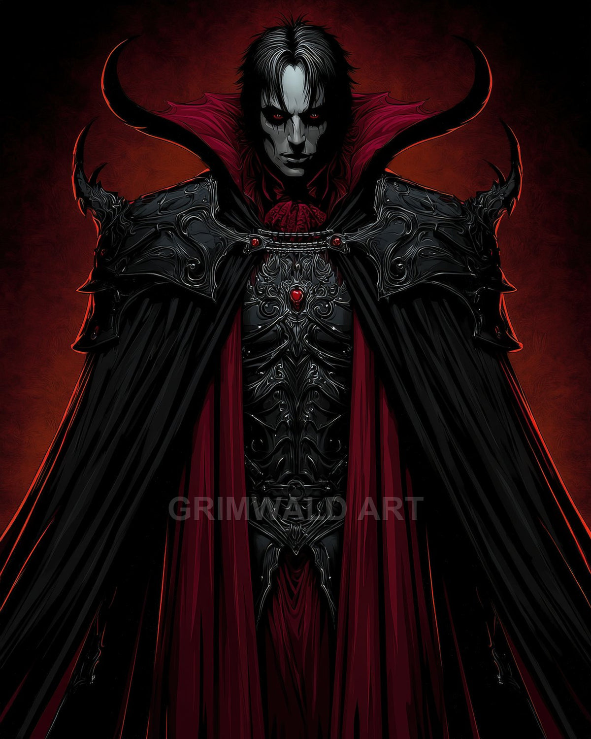 Pale, red-eyed vampire in ornate black armour and flowing crimson-lined cape stands against a smoky red background, gazing forward with menacing poise.