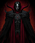 GRID THUMBNAIL — Pale, red-eyed vampire in ornate black armour and flowing crimson-lined cape stands against a smoky red background, gazing forward with menacing poise.