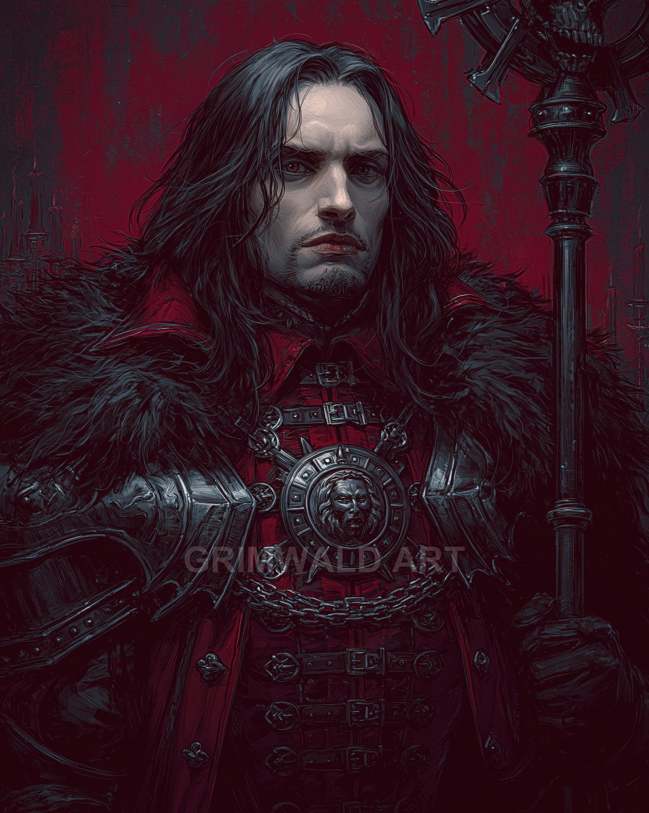 Dark fantasy portrait of a long-haired male warlock in crimson armour and fur mantle, holding a skull-topped staff against a deep red background.